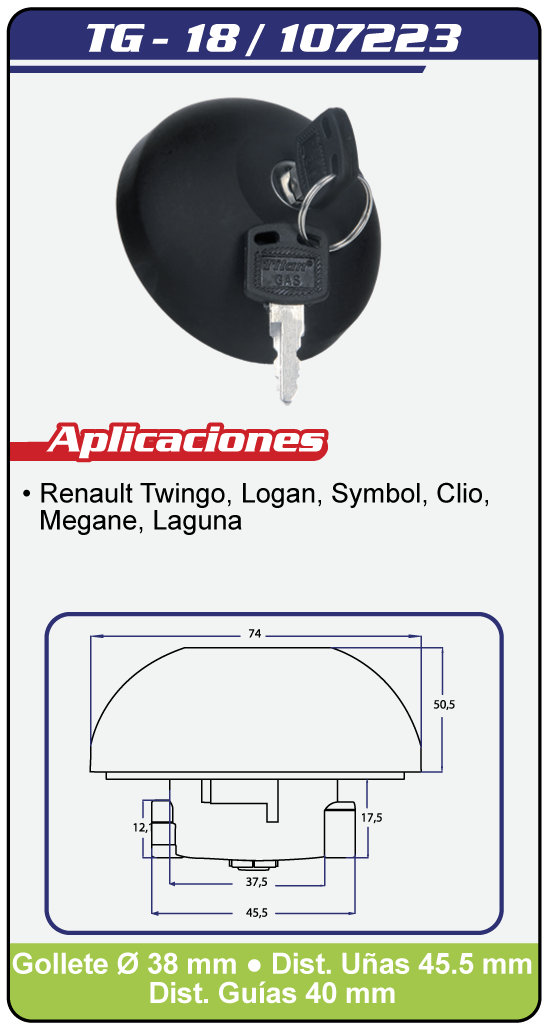 Tapas Combustible con llave TG 18 Plano Especificaciones