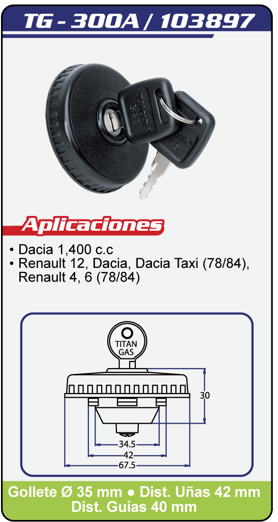 Tapas Combustible con llave TG 300A Plano Especificaciones