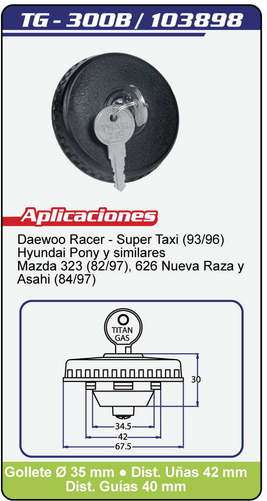 Tapas Combustible con llave TG 300B Plano Especificaciones