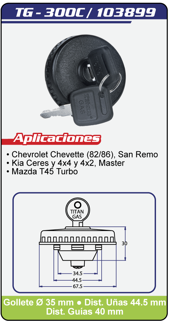 Tapas Combustible con llave TG 300C Plano Especificaciones