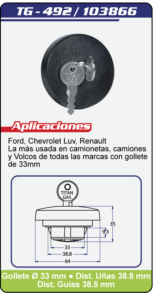 Tapas Combustible con llave TG 492 Plano Especificaciones 1