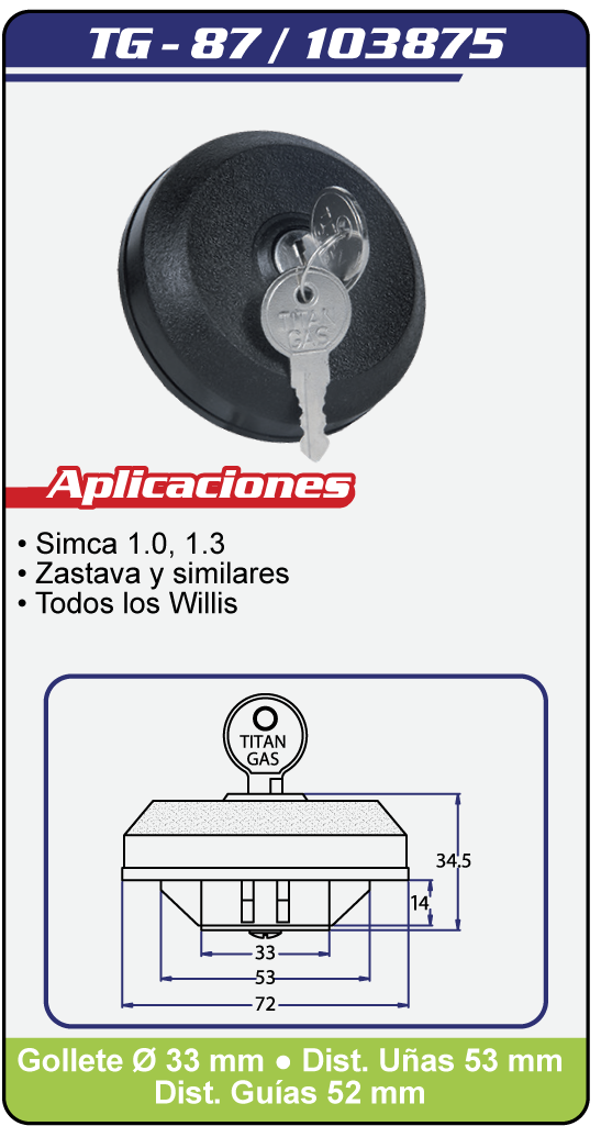 Tapas Combustible con llave TG 87 Plano Especificaciones