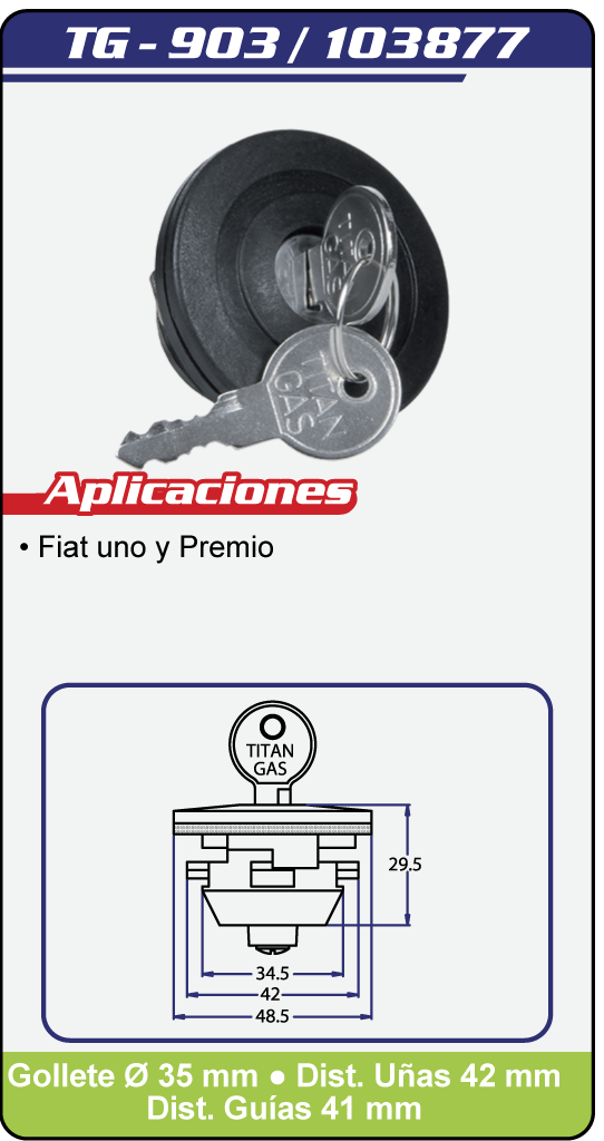 Tapas Combustible con llave TG 903 Plano Especificaciones