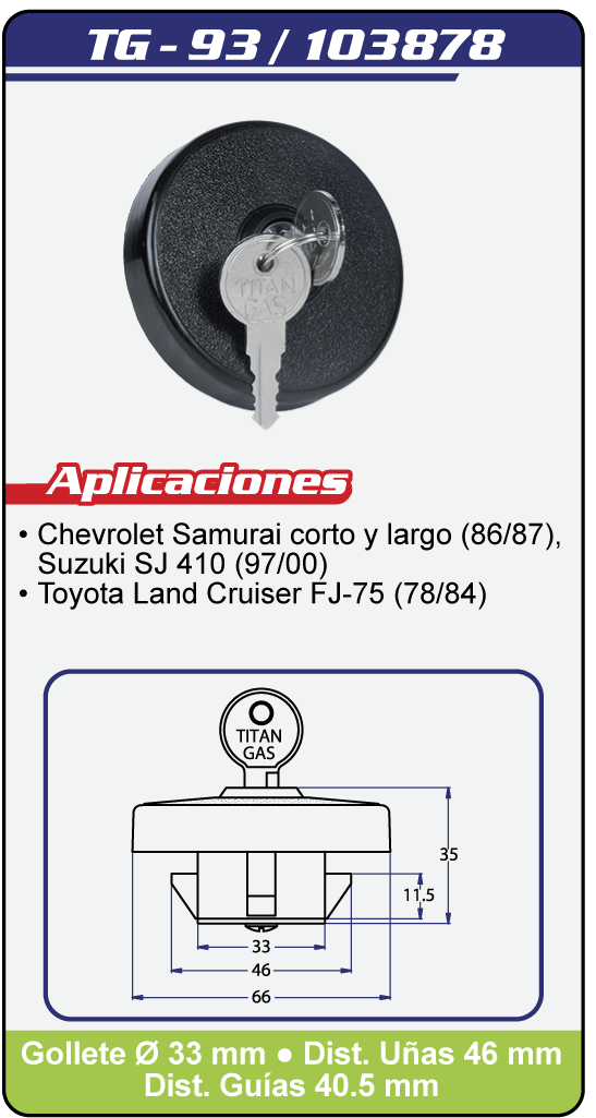 Tapas Combustible con llave TG 93 Plano Especificaciones