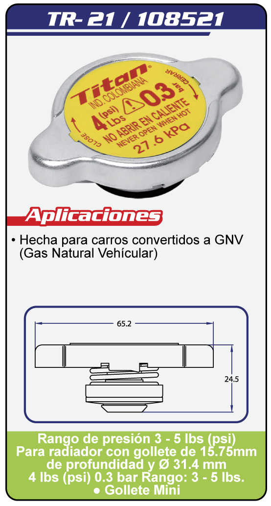 Tapas Radiador sistema abierto TR 21 Plano Especificaciones