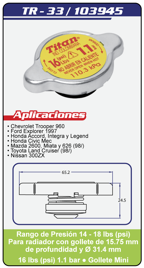 Tapas Radiador sistema abierto TR 33 Plano Especificaciones