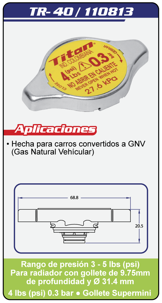 Tapas Radiador sistema abierto TR 40 Plano Especificaciones