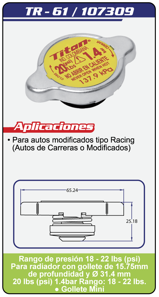 Tapas Radiador sistema abierto TR 61 Plano Especificaciones