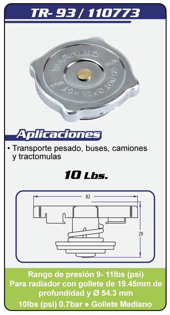 Tapas Radiador sistema abierto TR 93 Plano Especificaciones