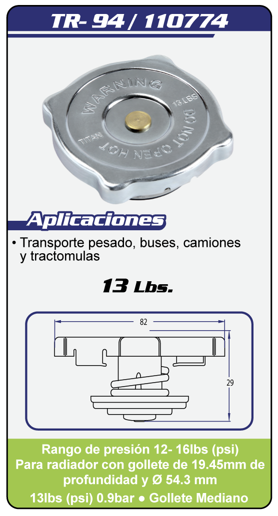 Tapas Radiador sistema abierto TR 94 Plano Especificaciones