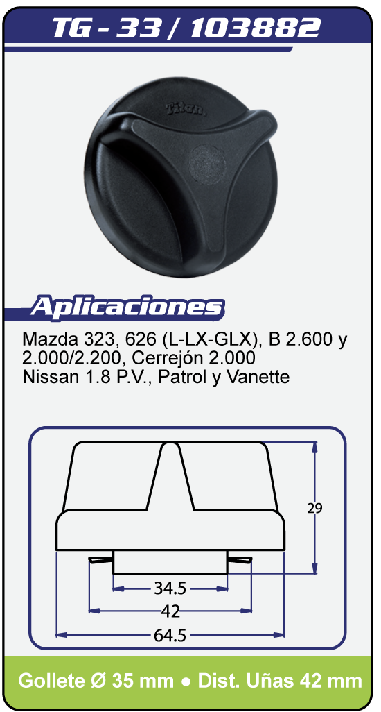 Tapas combustible sin llave TG 33 Plano Especificaciones