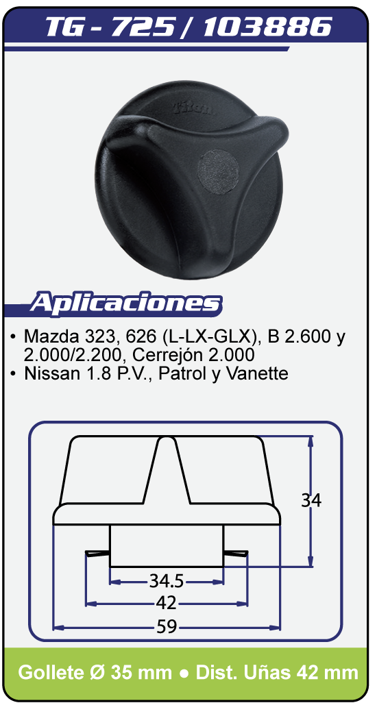 Tapas combustible sin llave TG 725 Plano Especificaciones