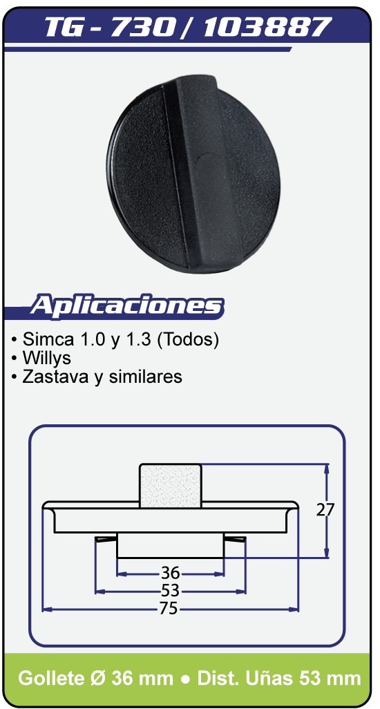 Tapas combustible sin llave TG 730 Plano Especificaciones
